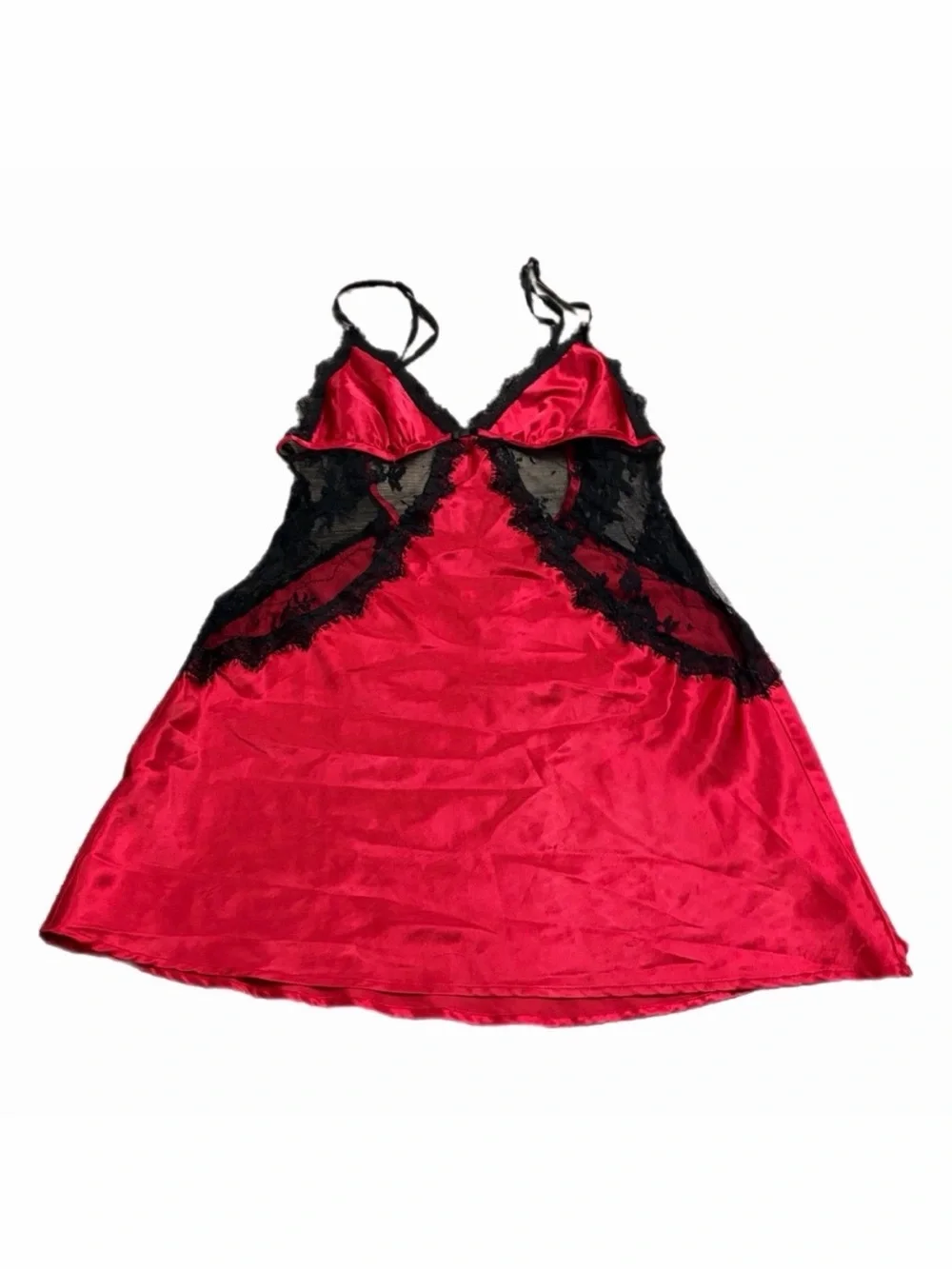 Y2K La Senza European Vintage Satin & Lace Panel Slip Dress (Red/Black) S